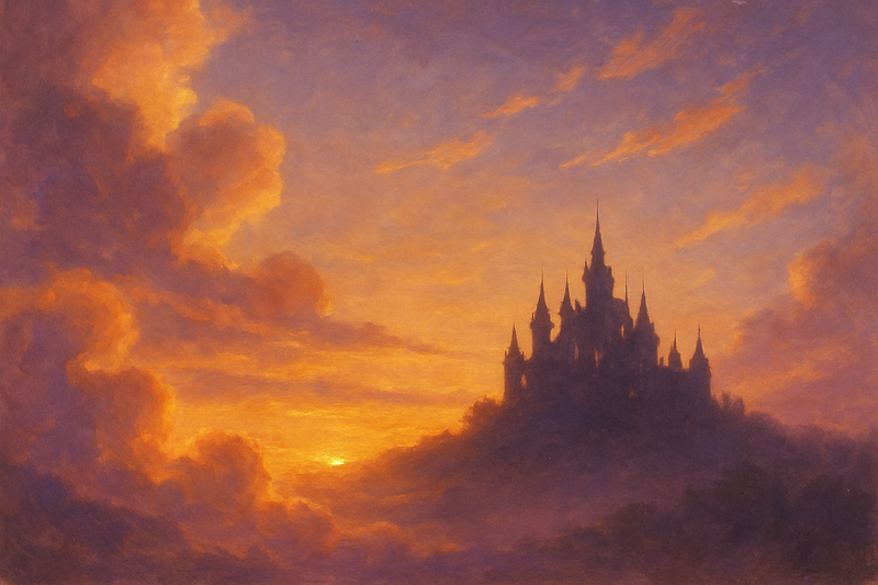 Dreamy sunset with clouds and a far off castle 